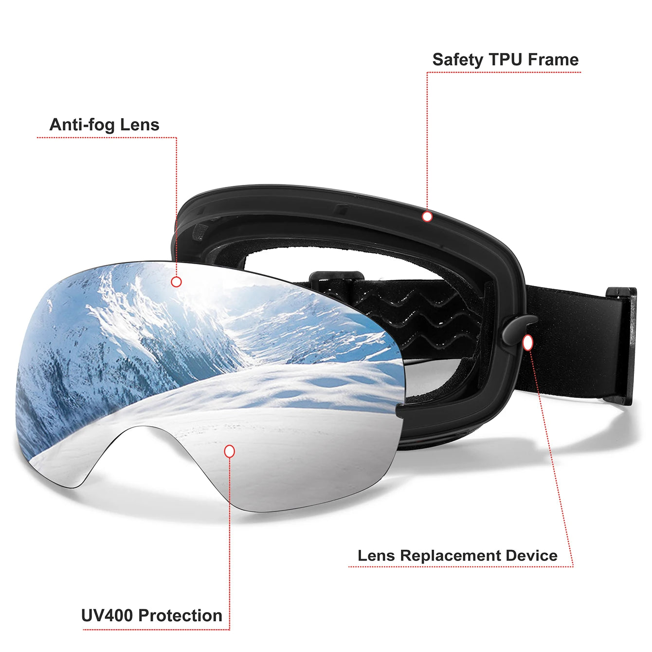 HookUpCo. Anti-Fog Ski Goggles with UV400 Protection