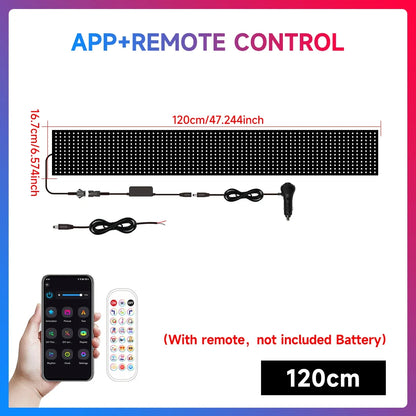 LED strip light with app and remote control, dimensions displayed.