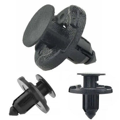 HookUpCo 8mm black plastic auto bumper clips with snap fastener pins.
