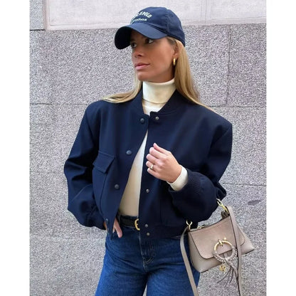 Woman Bomber Jacket White Autumn Winter Button Cropped Jackets Women Fashion Long Sleeve Coats