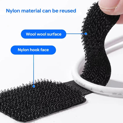 Black nylon hook-and-loop cable straps with fuzzy surface for secure reusable wire bundling.