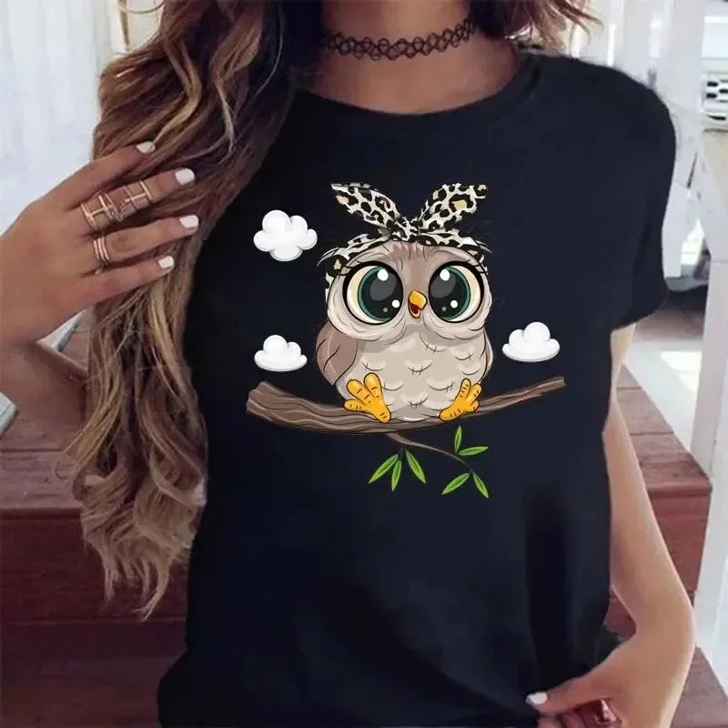 Kawaii Cartoon Owl Graphic T-Shirt for Women, Casual Style