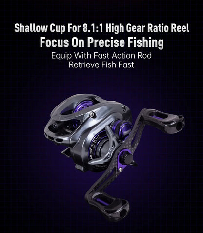 High gear ratio fishing reel with shallow cup, fast action design, and sleek metallic finish.