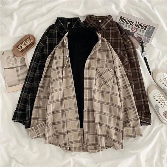 Oversized Vintage Plaid Shirt for Women - Casual Fall Fashion
