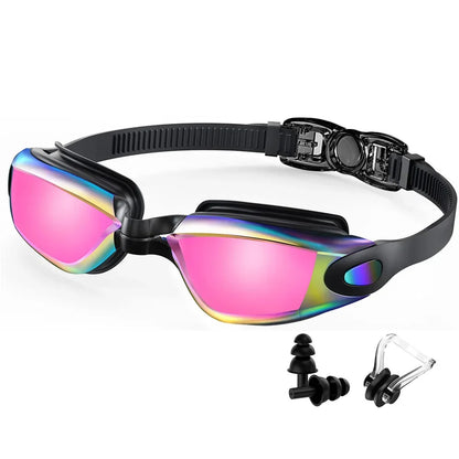 Black anti-fog UV swim goggles with rainbow mirrored lenses and adjustable strap.
