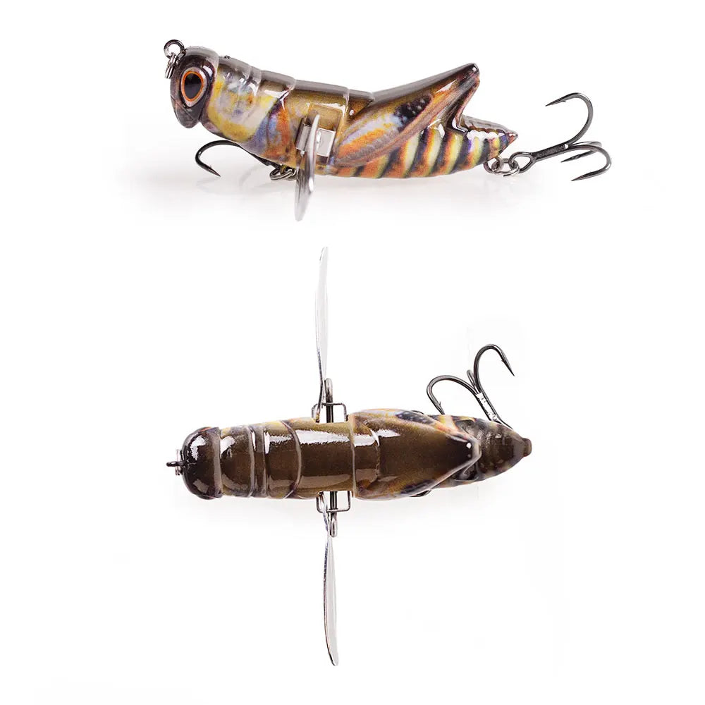 Realistic jointed insect fishing lure with treble hooks and spinning propellers