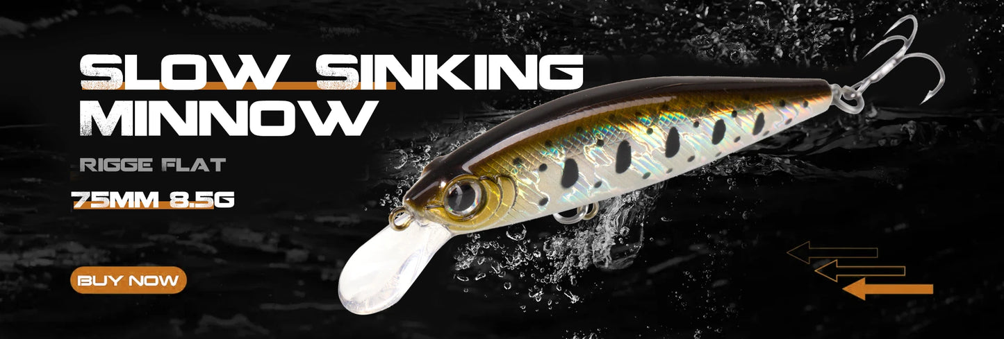 Slow sinking minnow fishing lure, 75mm 8.5g, realistic design with treble hooks on black watery background.