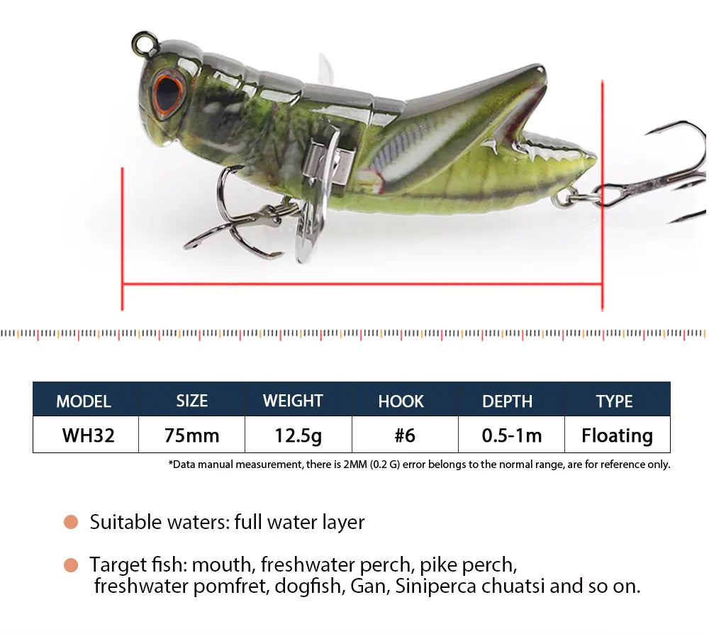Realistic grasshopper-shaped fishing lure, green color, 75mm, floating, with treble hooks.