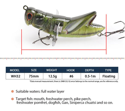 Realistic grasshopper-shaped fishing lure, green color, 75mm, floating, with treble hooks.