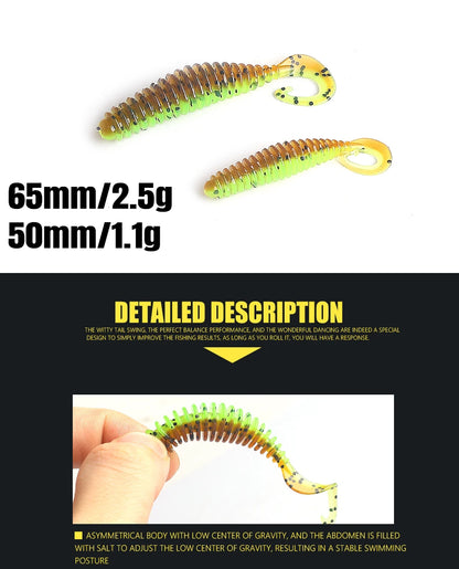 Two soft plastic fishing lures, ribbed and curly-tailed, in green and brown with black spots, sizes 65mm and 50mm, for fishing.