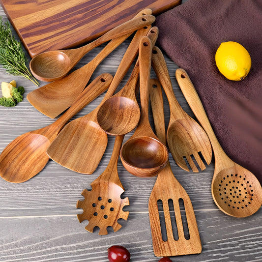 Eco-Friendly Wooden Cooking Spoons Set - 10 Durable Utensils
