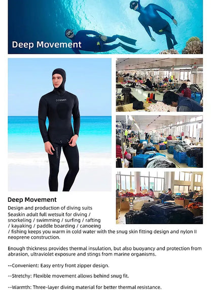 Collage of diving suits with text about Deep Movement diving suits.