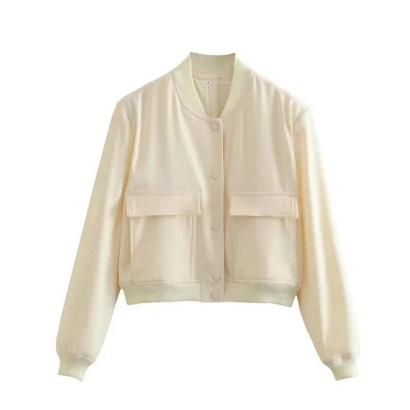Woman Bomber Jacket White Autumn Winter Button Cropped Jackets Women Fashion Long Sleeve Coats