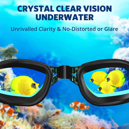 Black anti-fog UV swim goggles with curved lenses and bright yellow fish reflections.