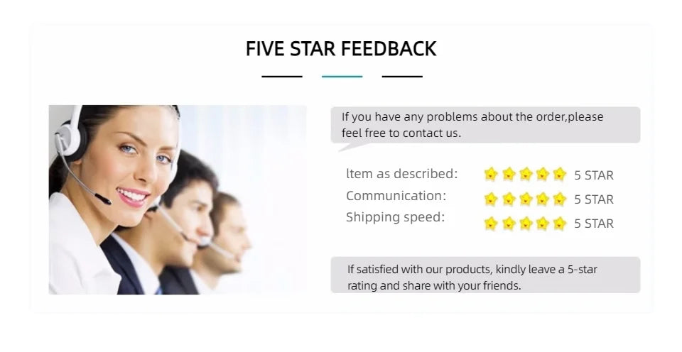 Customer service agents with headsets beside five star feedback ratings for product, communication, and shipping.