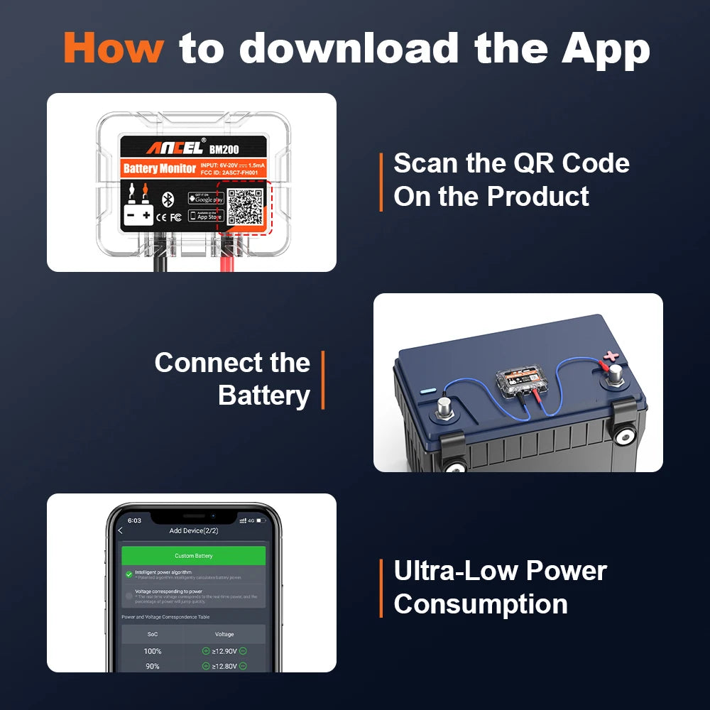 Instructions on how to download an app, scan a QR code, connect a battery, and highlight ultra-low power consumption.