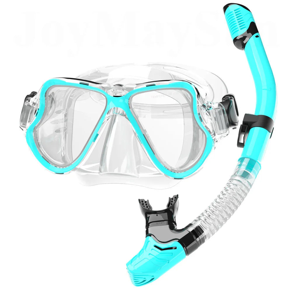 Snorkeling mask and snorkel set with turquoise accents on a white background