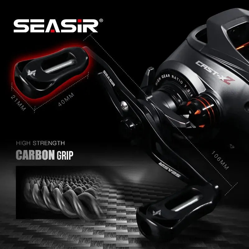 High strength carbon grip fishing reel with ergonomic handle, close-up product shot.
