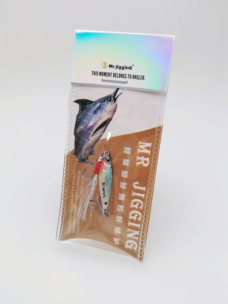Fishing jig lure in packaging with hooks, fish illustration, and Mr Jigging label for anglers