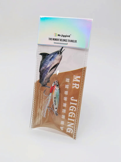 Fishing jig lure in packaging with hooks, fish illustration, and Mr Jigging label for anglers