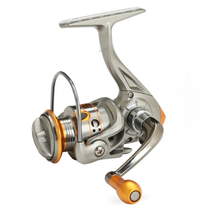 Close-up of silver and orange spinning fishing reel, outdoor gear on white background