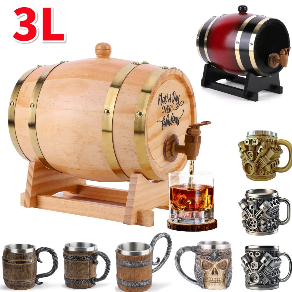 3L Wooden Whiskey Barrel Dispenser for Cocktails and Spirits