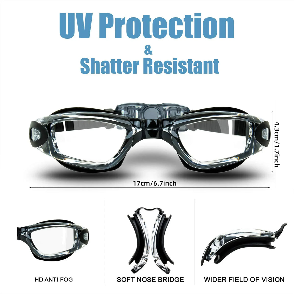 Black anti-fog UV swim goggles with clear curved lenses and wide field of vision.