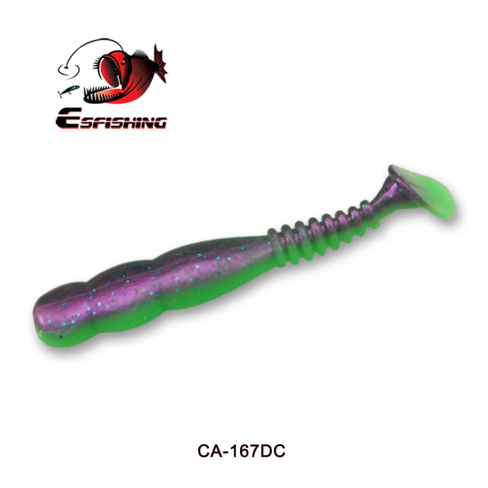 Purple and green soft plastic fishing lure with paddle tail and glitter details, model CA-167DC