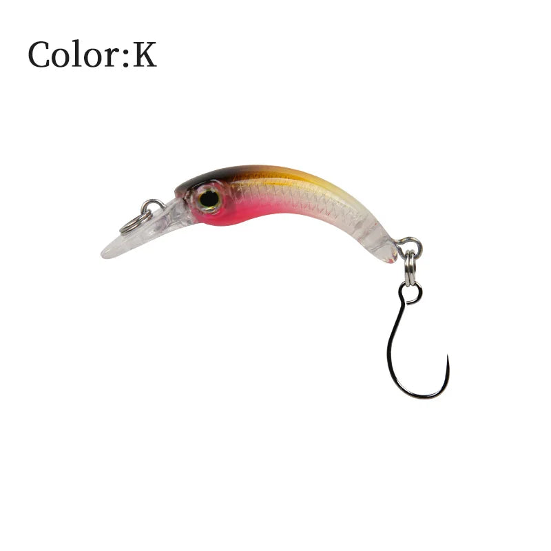 Curved fishing lure bait with single hook, color gradient yellow, red, and clear