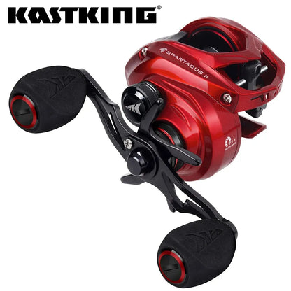 Red KastKing Spartacus II baitcasting fishing reel with ergonomic handle for outdoor angling