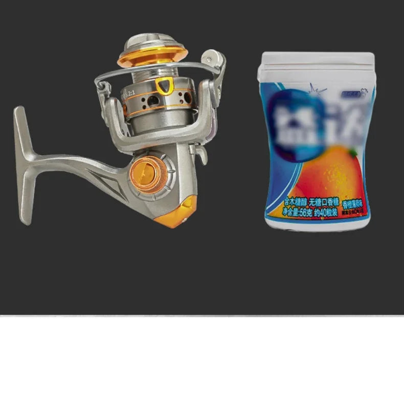 Fishing reel and container of fishing accessories on a dark background, outdoor gear essentials.