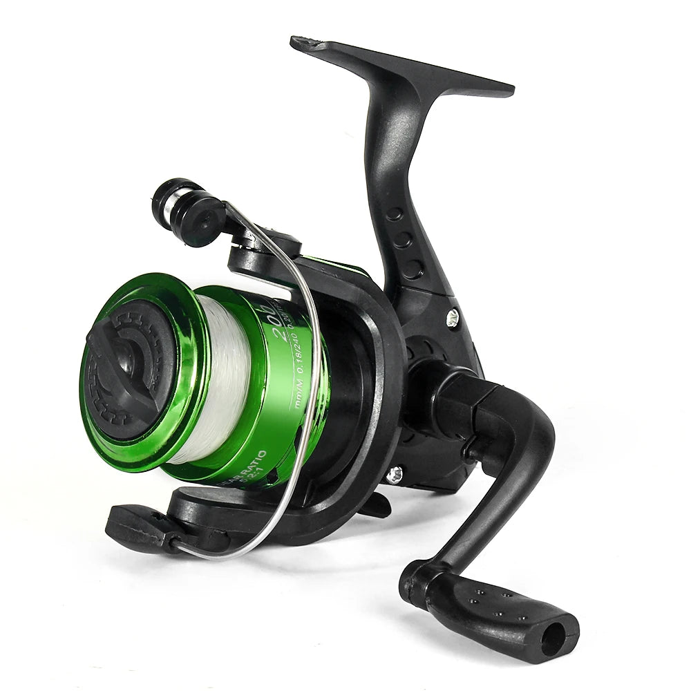 Green and black spinning fishing reel with handle, outdoor fishing gear on white background