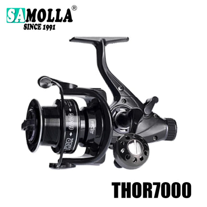 Samolla THOR7000 black fishing reel, durable outdoor gear, close-up on white background