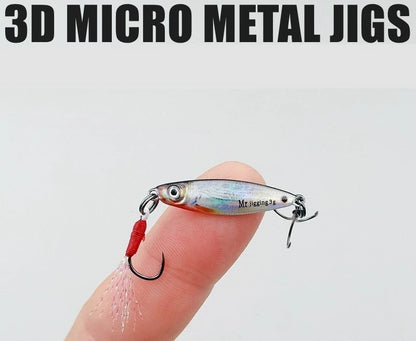 Person holding a 3D micro metal jig fishing lure with hooks and realistic fish design