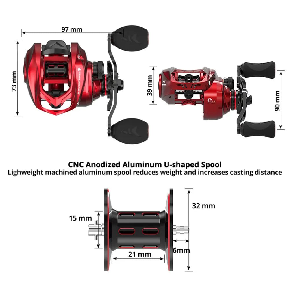 Red CNC anodized aluminum baitcasting fishing reel with U-shaped spool and size dimensions