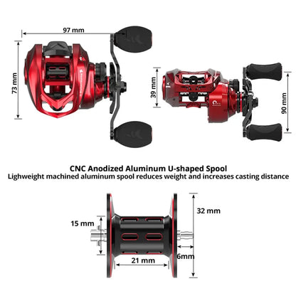Red CNC anodized aluminum baitcasting fishing reel with U-shaped spool and size dimensions