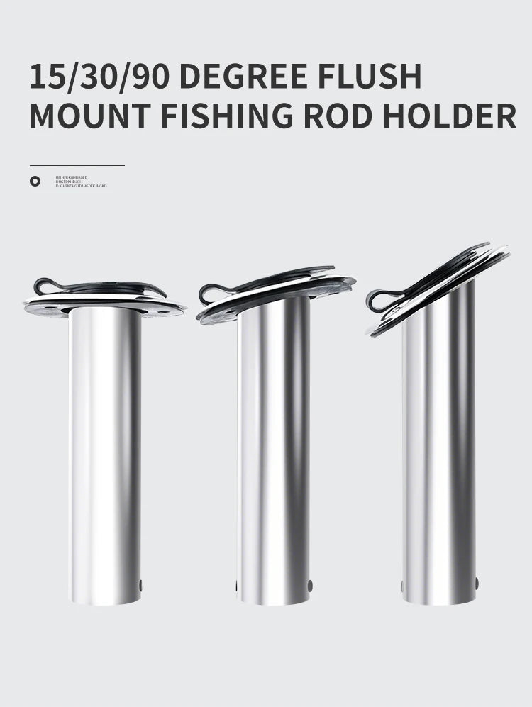 Three stainless steel fishing rod holders with different angles on a white background