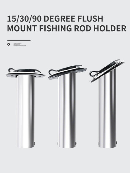 Three stainless steel fishing rod holders with different angles on a white background