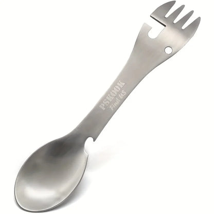 Stainless steel 5-in-1 survival tool spoon, fork, and hand grip with black HookUpCo logo