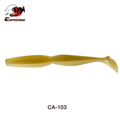 Gold soft plastic fishing lure with paddle tail, model CA-103, isolated on white background.