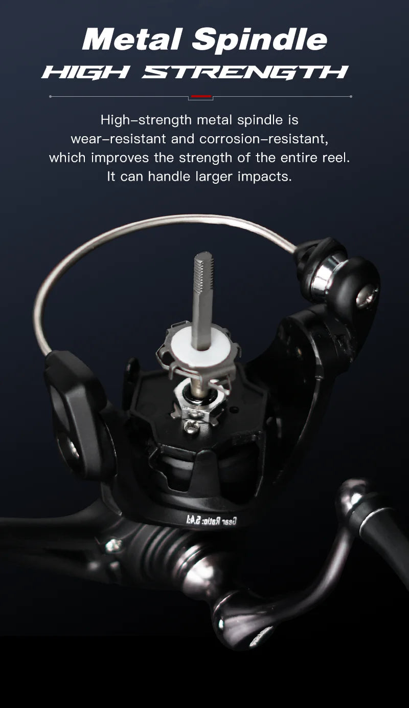 Close-up of durable metal spindle in a fishing reel, highlighting corrosion resistance and strength.