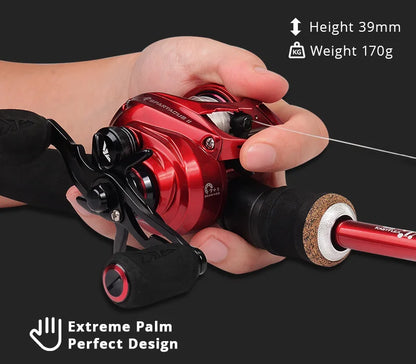 Close-up of a red baitcasting fishing reel with ergonomic handle, lightweight outdoor gear.