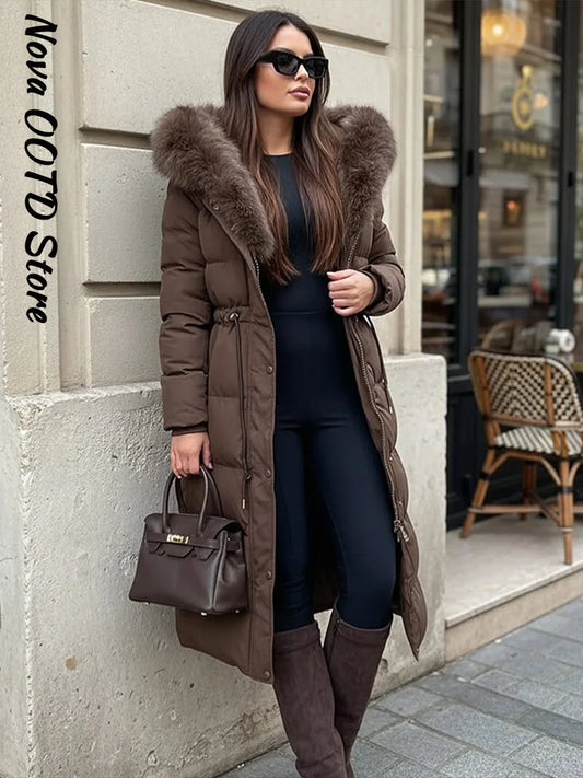 HookUpCo. Women's Elegant Fur Collar Long Cotton Parka