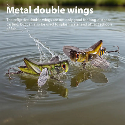 Grasshopper-shaped fishing lures with metal double wings splashing on water surface.
