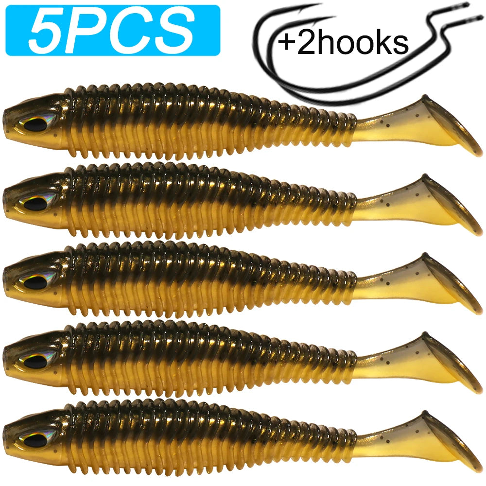 5 gold soft plastic fishing lures with ribbed bodies and 2 hooks, ideal for outdoor angling