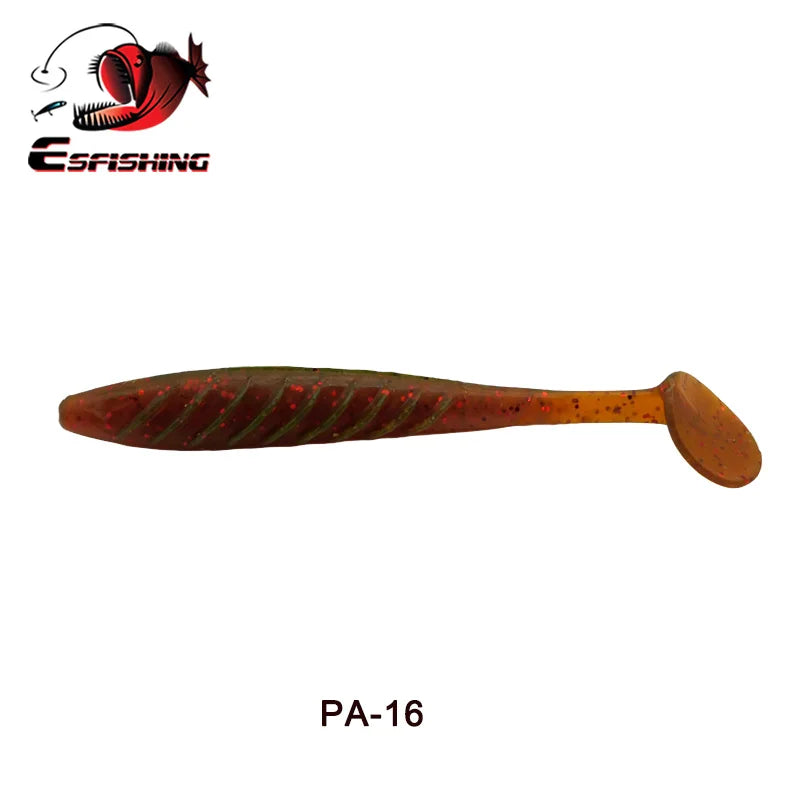 Soft plastic fishing lure with paddle tail, brown with red specks, labeled PA-16.