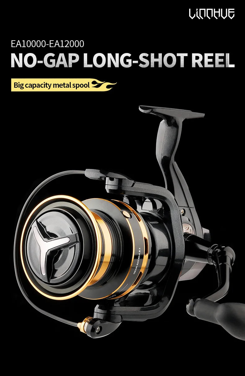 No-gap long-shot fishing reel with big capacity metal spool on black background