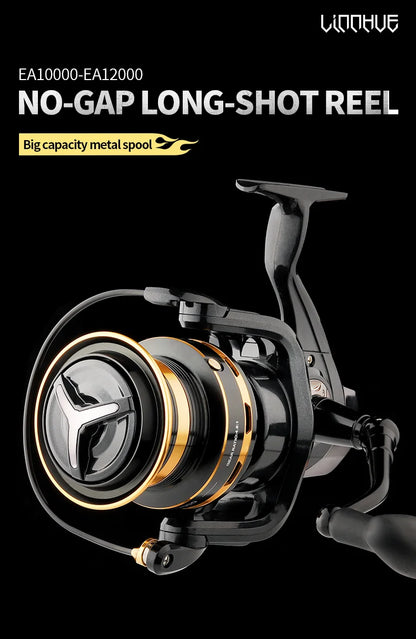 No-gap long-shot fishing reel with big capacity metal spool on black background
