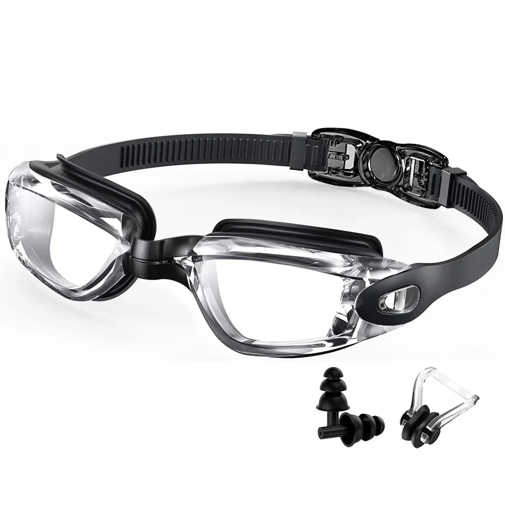 Black anti-fog UV swim goggles with clear curved lenses and adjustable strap.