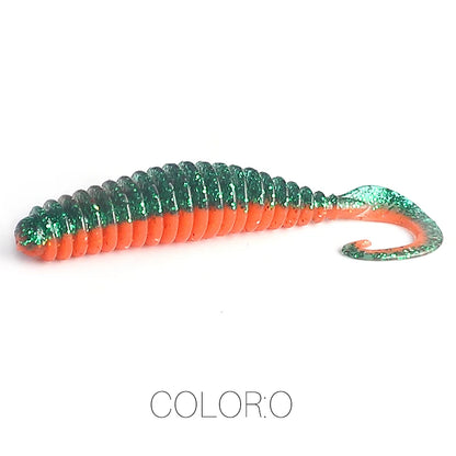 Ribbed green and orange soft plastic fishing lure with curled tail, isolated on white background
